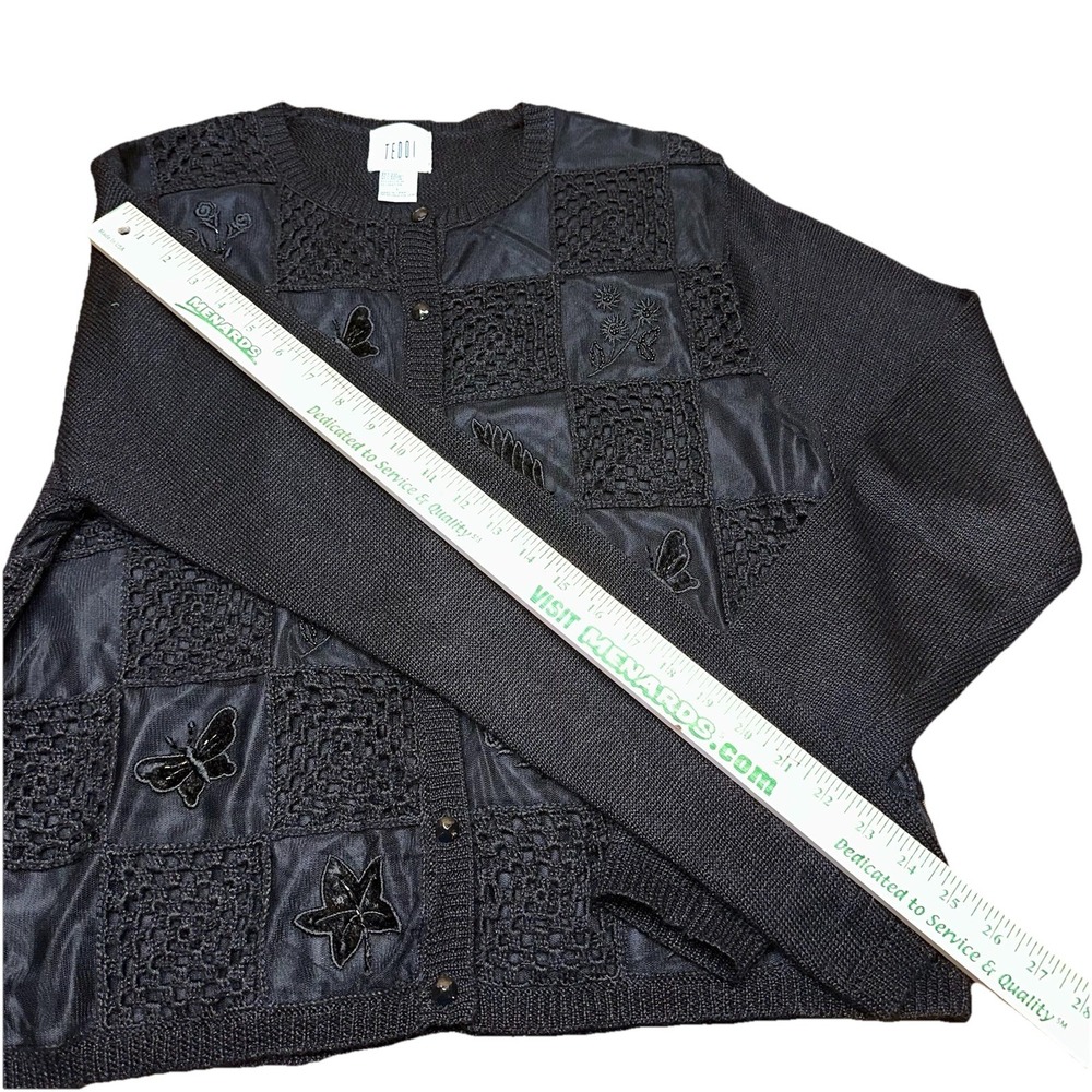Vintage 90's Teddi‎ Button-Up Cardigan Sweater Black 3D Embroidered Women's L - Picture 9 of 11